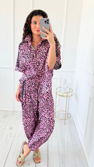 Leopard Chic Side Stripe Italian Button Down Top