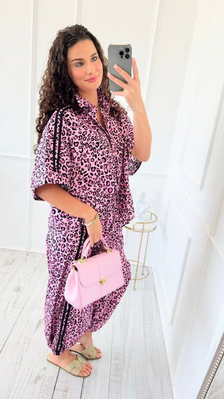 Leopard Chic Side Stripe Italian Button Down Top