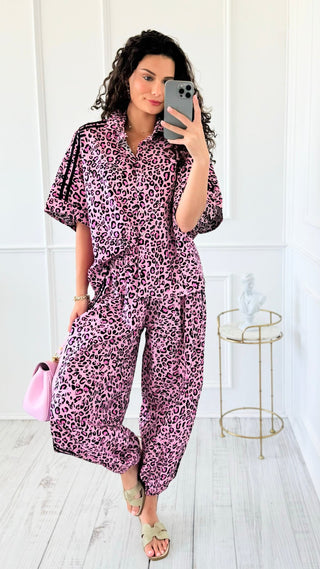 Leopard Chic Side Stripe Italian Button Down Top