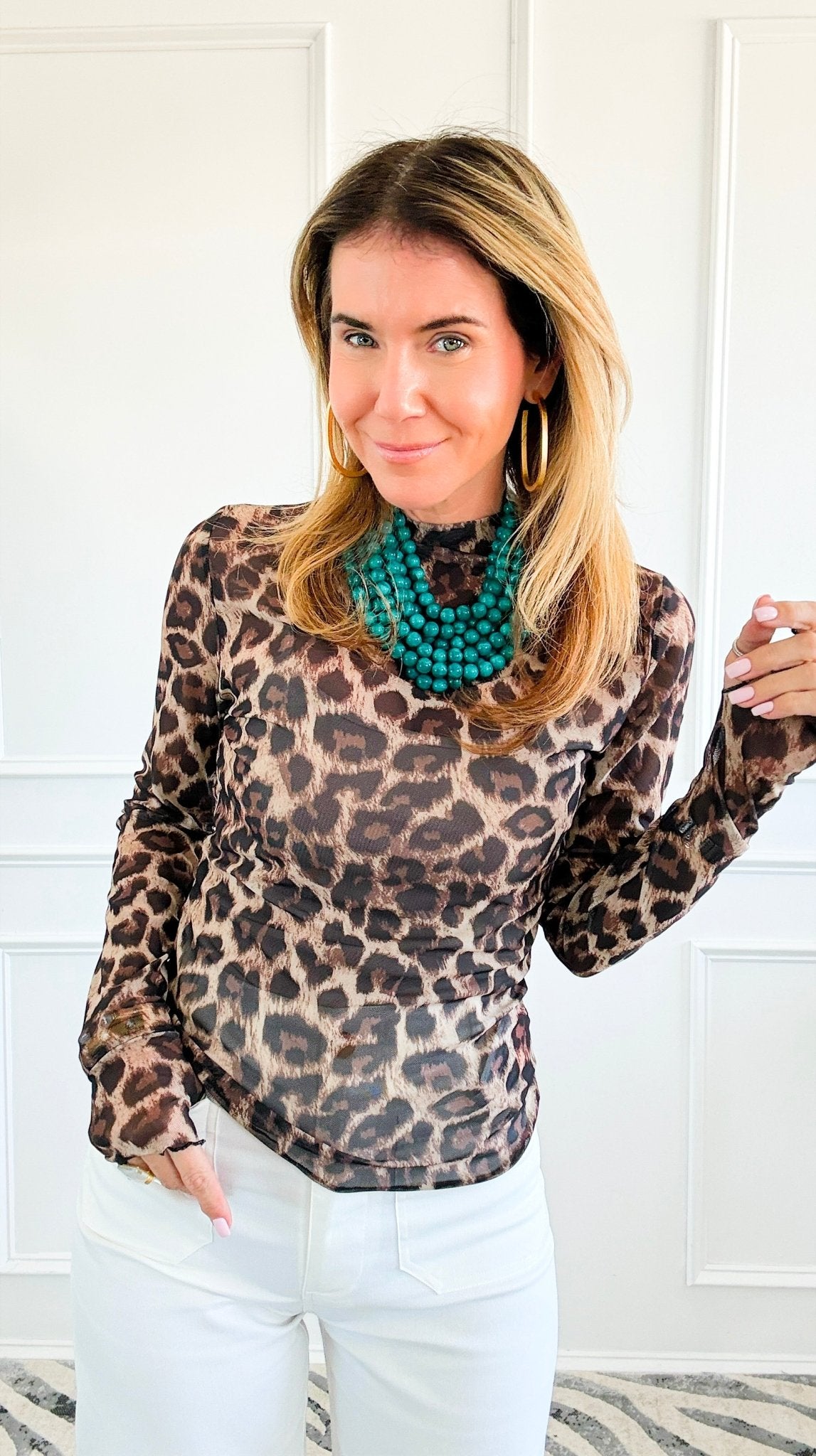 Leopard Mesh Mock Top