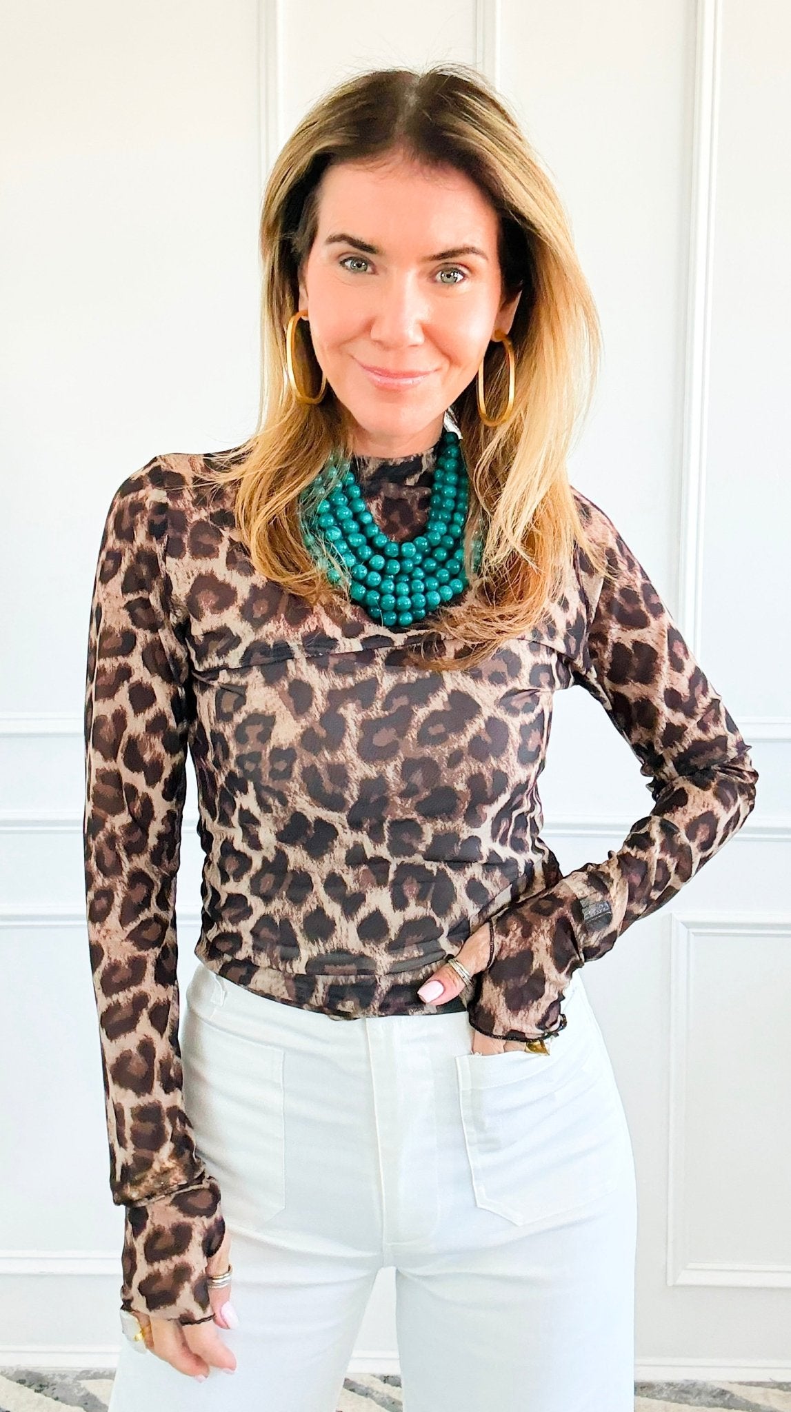 Leopard Mesh Mock Top