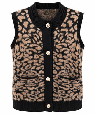 Leopard Print Button Front Sweater Vest