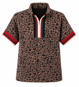 Leopard Print Striped Trim Quarter Zip Top