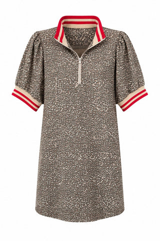 Leopard Print Zip Neck Dress - Red