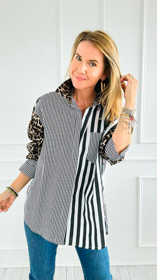 Leopard Stripe Italian Woven Blouse-110 Long Sleeve Tops-TATTOO Z-Coastal Bloom Boutique, find the trendiest versions of the popular styles and looks Located in Indialantic, FL