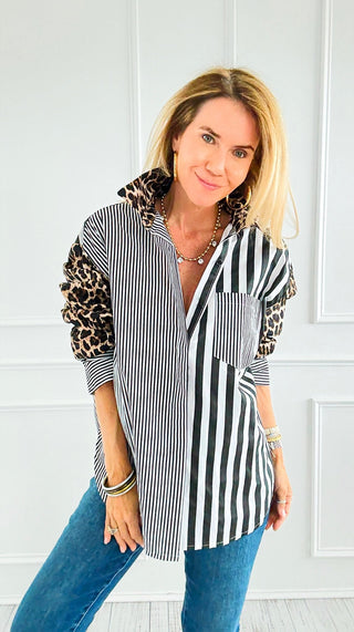 Leopard Stripe Italian Woven Blouse-110 Long Sleeve Tops-TATTOO Z-Coastal Bloom Boutique, find the trendiest versions of the popular styles and looks Located in Indialantic, FL
