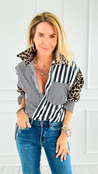 Leopard Stripe Italian Woven Blouse-110 Long Sleeve Tops-TATTOO Z-Coastal Bloom Boutique, find the trendiest versions of the popular styles and looks Located in Indialantic, FL