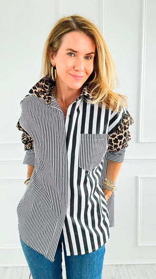 Leopard Stripe Italian Woven Blouse-110 Long Sleeve Tops-TATTOO Z-Coastal Bloom Boutique, find the trendiest versions of the popular styles and looks Located in Indialantic, FL