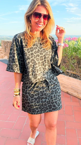 Leopard Weekend French Terry Italian Skort- Gray