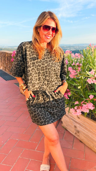 Leopard Weekend French Terry Italian Skort- Taupe