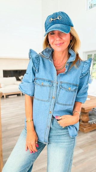 Light Wash Puff Sleeve Denim Blouse