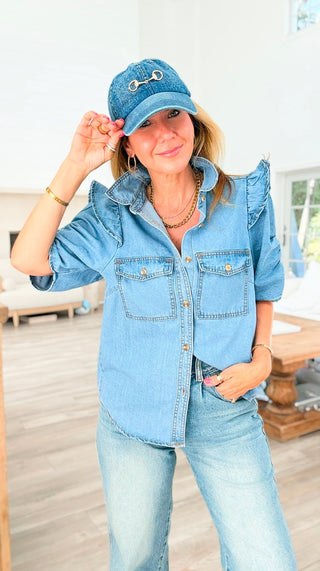 Light Wash Puff Sleeve Denim Blouse
