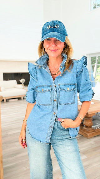 Light Wash Puff Sleeve Denim Blouse
