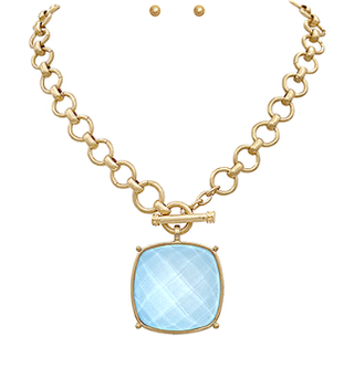 Radiant Glow Chunky Pendant Necklace - Light Blue/Gold