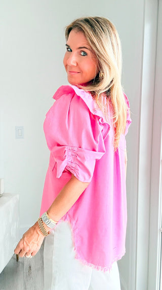 Linen Ruffle Button-Up Shirt - Bubblegum