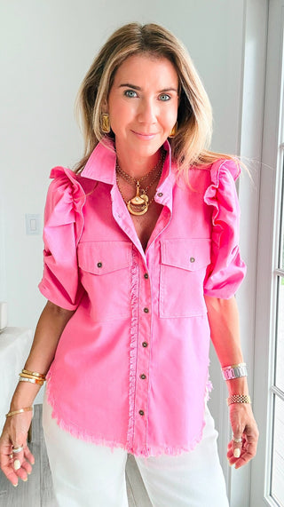 Linen Ruffle Button-Up Shirt - Bubblegum