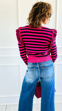 Lines & Ruffle Long Sleeve Top- Fuchsia/Black-110 Long Sleeve Tops-Z STUDIO-Coastal Bloom Boutique, find the trendiest versions of the popular styles and looks Located in Indialantic, FL