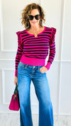 Lines & Ruffle Long Sleeve Top- Fuchsia/Black-110 Long Sleeve Tops-Z STUDIO-Coastal Bloom Boutique, find the trendiest versions of the popular styles and looks Located in Indialantic, FL