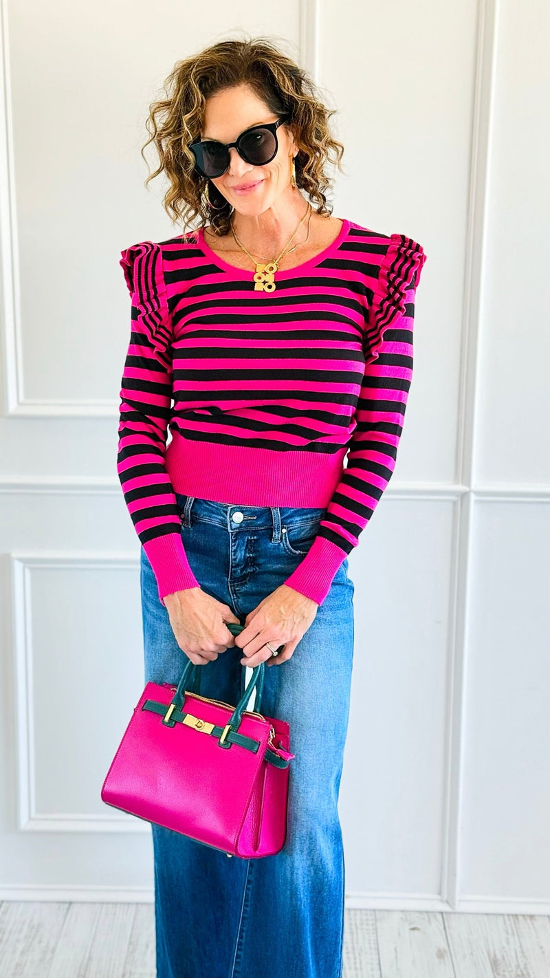 Lines & Ruffle Long Sleeve Top- Fuchsia/Black-110 Long Sleeve Tops-Z STUDIO-Coastal Bloom Boutique, find the trendiest versions of the popular styles and looks Located in Indialantic, FL