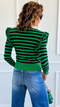 Lines & Ruffle Long Sleeve Top- Green/Black-110 Long Sleeve Tops-Z STUDIO-Coastal Bloom Boutique, find the trendiest versions of the popular styles and looks Located in Indialantic, FL