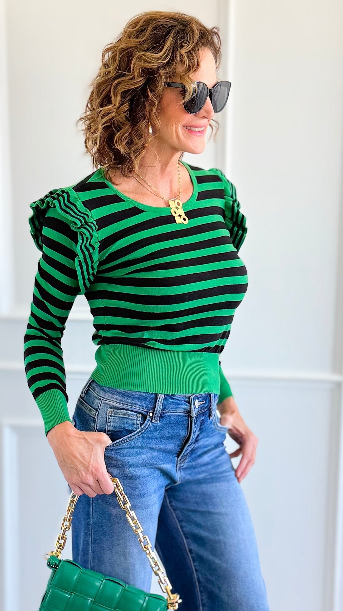 Lines & Ruffle Long Sleeve Top- Green/Black-110 Long Sleeve Tops-Z STUDIO-Coastal Bloom Boutique, find the trendiest versions of the popular styles and looks Located in Indialantic, FL