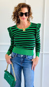 Lines & Ruffle Long Sleeve Top- Green/Black-110 Long Sleeve Tops-Z STUDIO-Coastal Bloom Boutique, find the trendiest versions of the popular styles and looks Located in Indialantic, FL