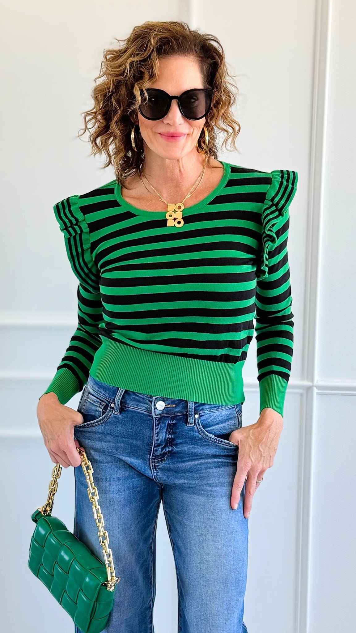 Lines & Ruffle Long Sleeve Top- Green/Black-110 Long Sleeve Tops-Z STUDIO-Coastal Bloom Boutique, find the trendiest versions of the popular styles and looks Located in Indialantic, FL