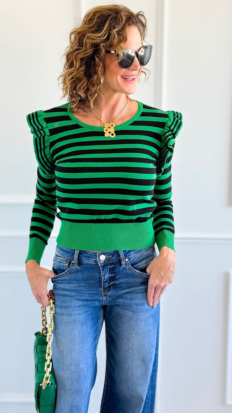 Lines & Ruffle Long Sleeve Top- Green/Black-110 Long Sleeve Tops-Z STUDIO-Coastal Bloom Boutique, find the trendiest versions of the popular styles and looks Located in Indialantic, FL