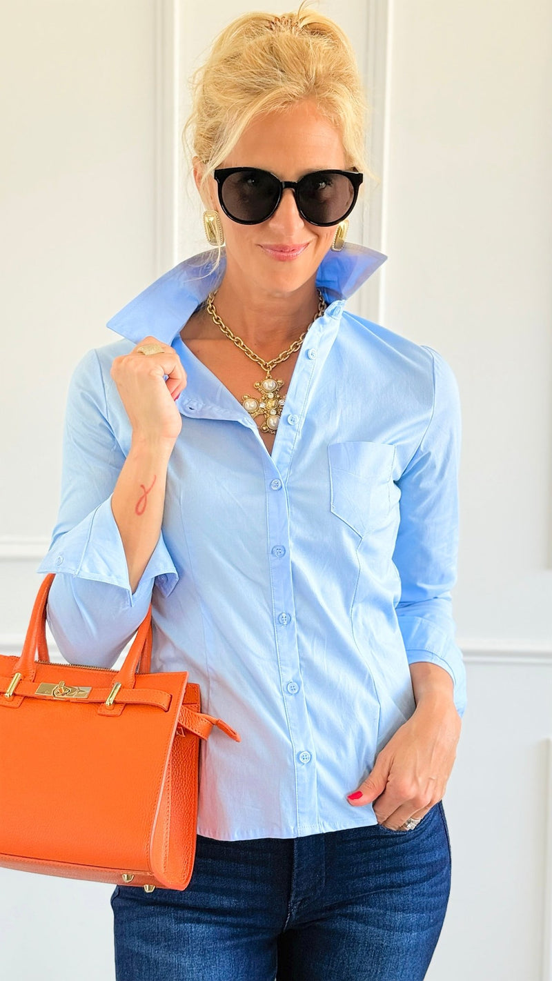 Long Sleeve Poplin Button Down Blouse -Blue-130 Long sleeve top-Active Basic-Coastal Bloom Boutique, find the trendiest versions of the popular styles and looks Located in Indialantic, FL