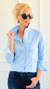 Long Sleeve Poplin Button Down Blouse -Blue-130 Long sleeve top-Active Basic-Coastal Bloom Boutique, find the trendiest versions of the popular styles and looks Located in Indialantic, FL