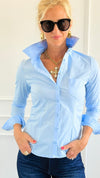 Long Sleeve Poplin Button Down Blouse -Blue-130 Long sleeve top-Active Basic-Coastal Bloom Boutique, find the trendiest versions of the popular styles and looks Located in Indialantic, FL