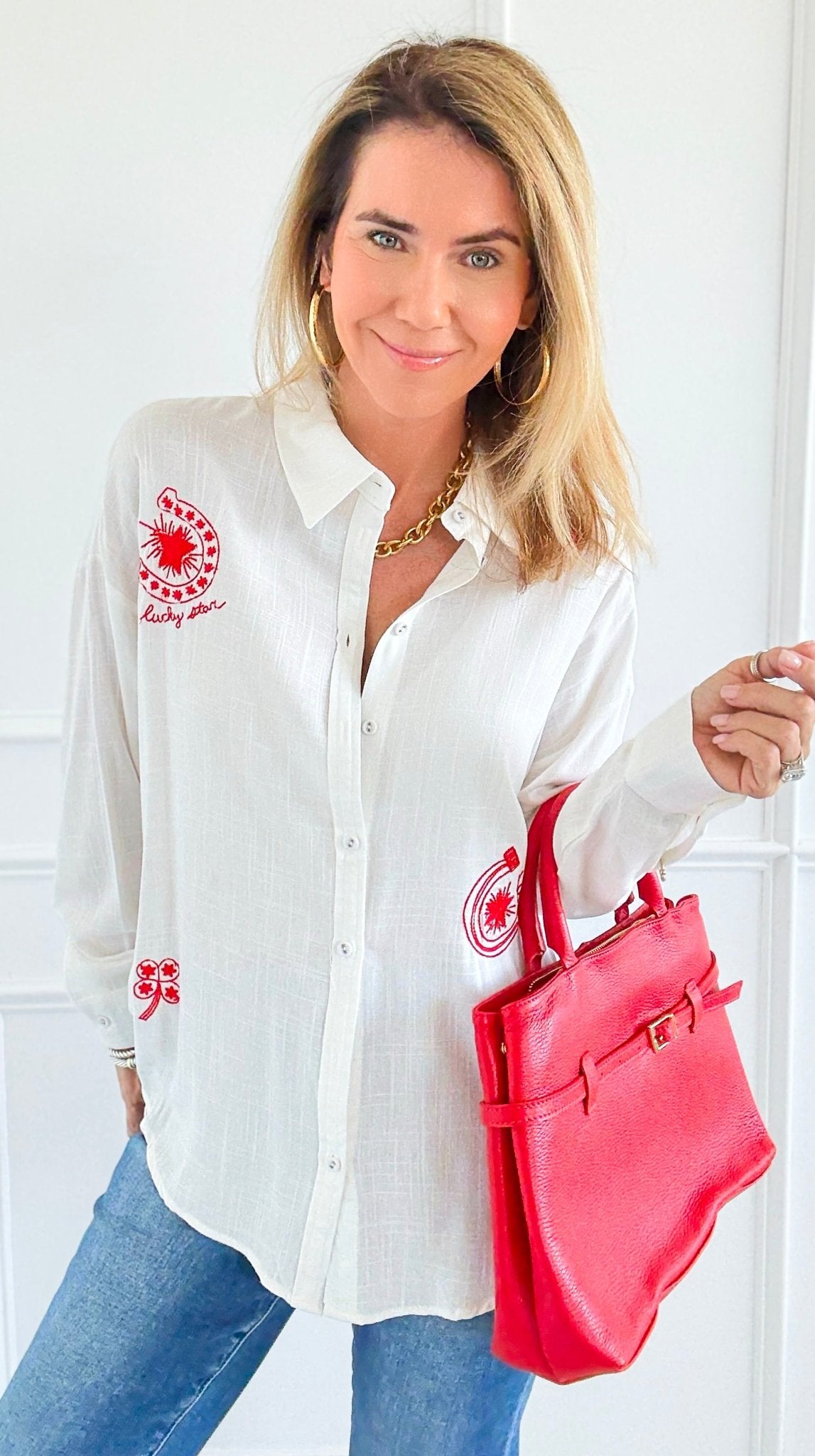 Lucky Star Button-Up Top-110 Long Sleeve Tops-Taelynn-Coastal Bloom Boutique, find the trendiest versions of the popular styles and looks Located in Indialantic, FL