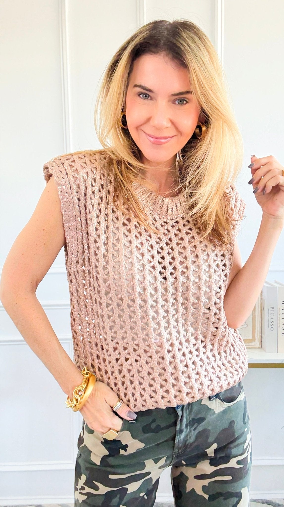 Luna Foil Knit Vest - Rose Gold