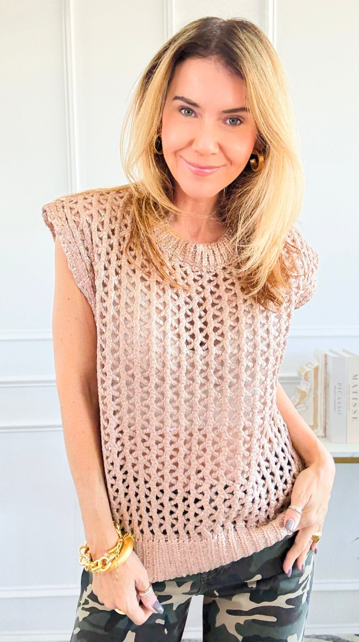 Luna Foil Knit Vest - Rose Gold