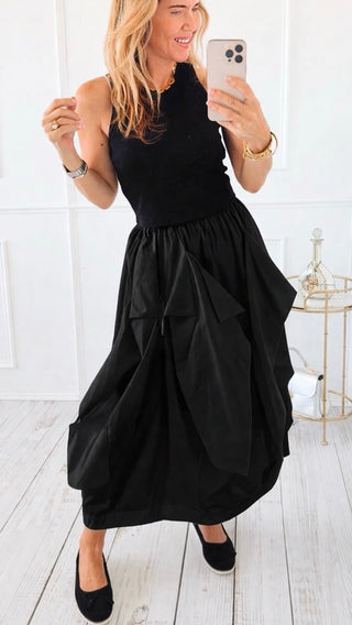 Luxe Drape Midi Skirt- Black
