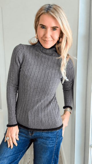 Luxe Faux Fur Trim Ribbed Italian Sweater - Gray