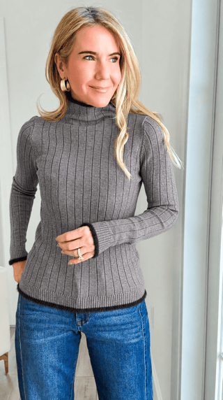 Luxe Faux Fur Trim Ribbed Italian Sweater - Gray