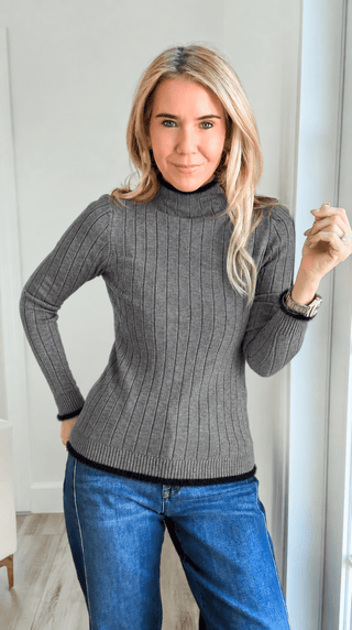 Luxe Faux Fur Trim Ribbed Italian Sweater - Gray