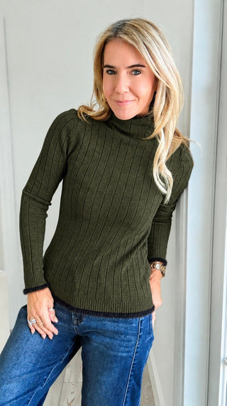 Luxe Faux Fur Trim Ribbed Italian Sweater - Olive