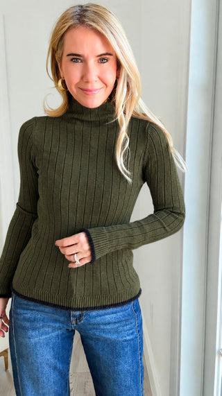 Luxe Faux Fur Trim Ribbed Italian Sweater - Olive