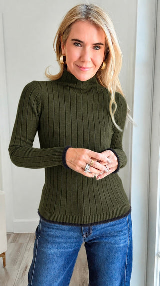 Luxe Faux Fur Trim Ribbed Italian Sweater - Olive