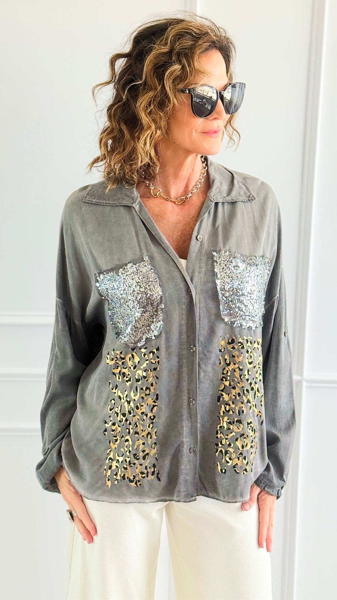 Luxe Instinct Italian Button Down Blouse-110 Long Sleeve Tops-GI STUDIO-Coastal Bloom Boutique, find the trendiest versions of the popular styles and looks Located in Indialantic, FL