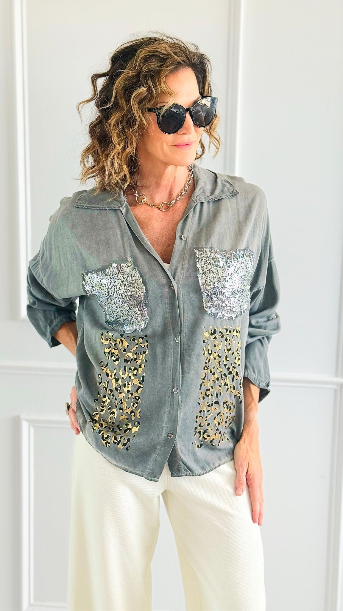 Luxe Instinct Italian Button Down Blouse-110 Long Sleeve Tops-GI STUDIO-Coastal Bloom Boutique, find the trendiest versions of the popular styles and looks Located in Indialantic, FL