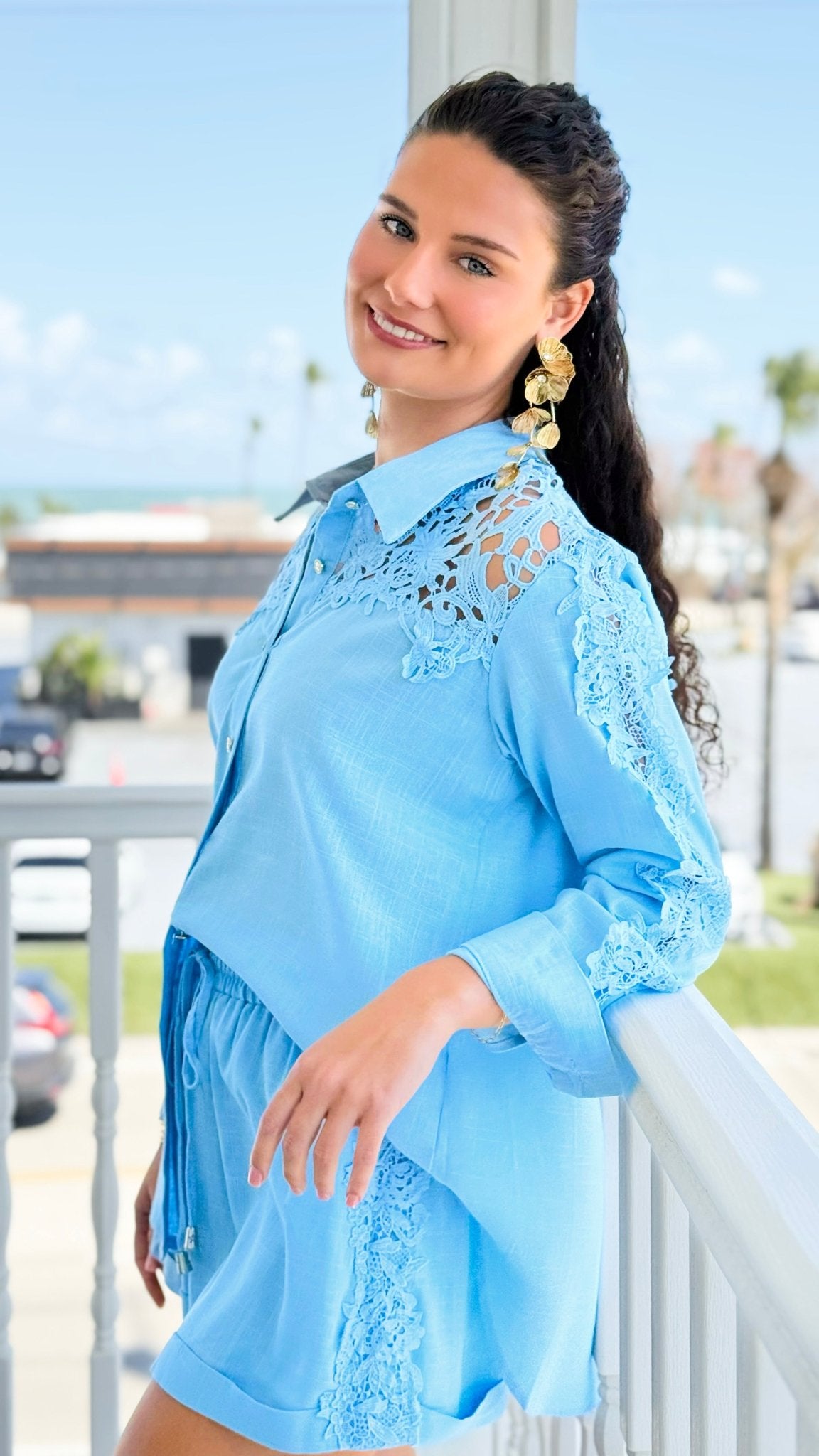 Luxe Lace Trim Short and Top Set - Blue