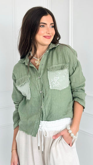 Luxe Linen Sequin Pocket Italian Button Top- Sage