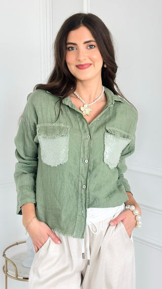 Luxe Linen Sequin Pocket Italian Button Top- Sage