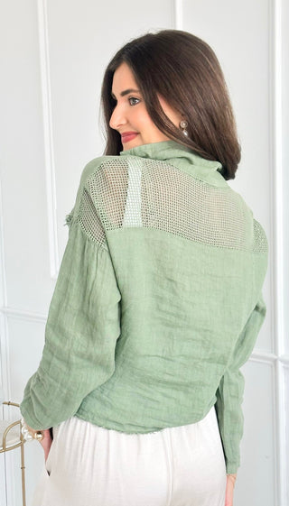 Luxe Linen Sequin Pocket Italian Button Top- Sage