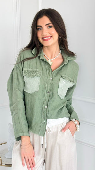 Luxe Linen Sequin Pocket Italian Button Top- Sage