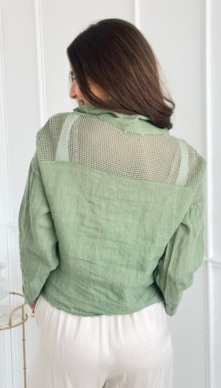 Luxe Linen Sequin Pocket Italian Button Top- Sage