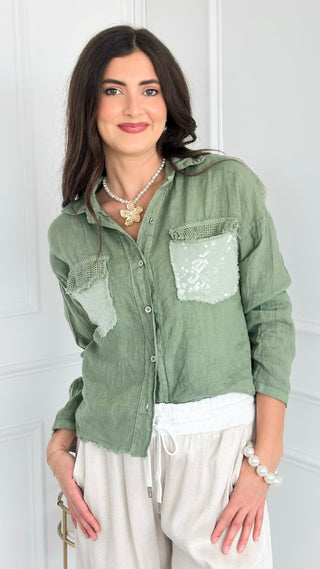 Luxe Linen Sequin Pocket Italian Button Top- Sage